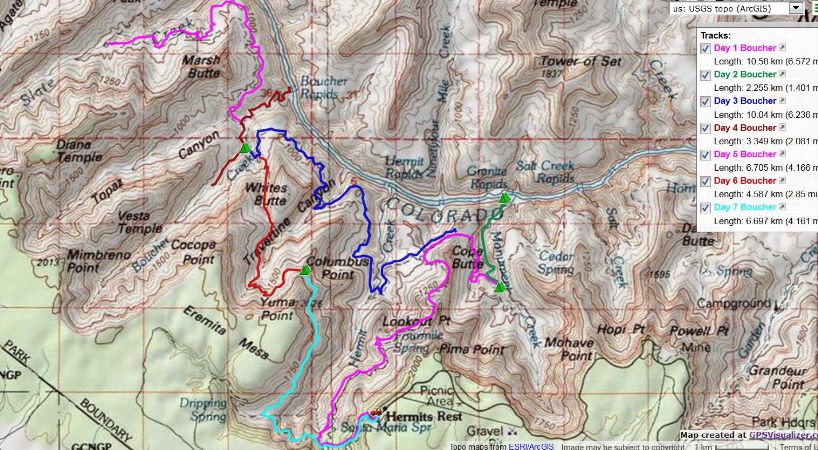 Map - Bucher Bound in The Canyon - drawn tracks, not GPS tracks - distances and exact path not correct (2019)
