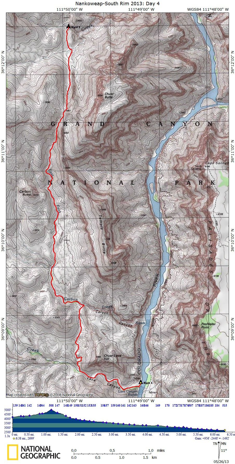 Map of Day 4 of The Nankoweap-South Rim Route with Elevation Profile