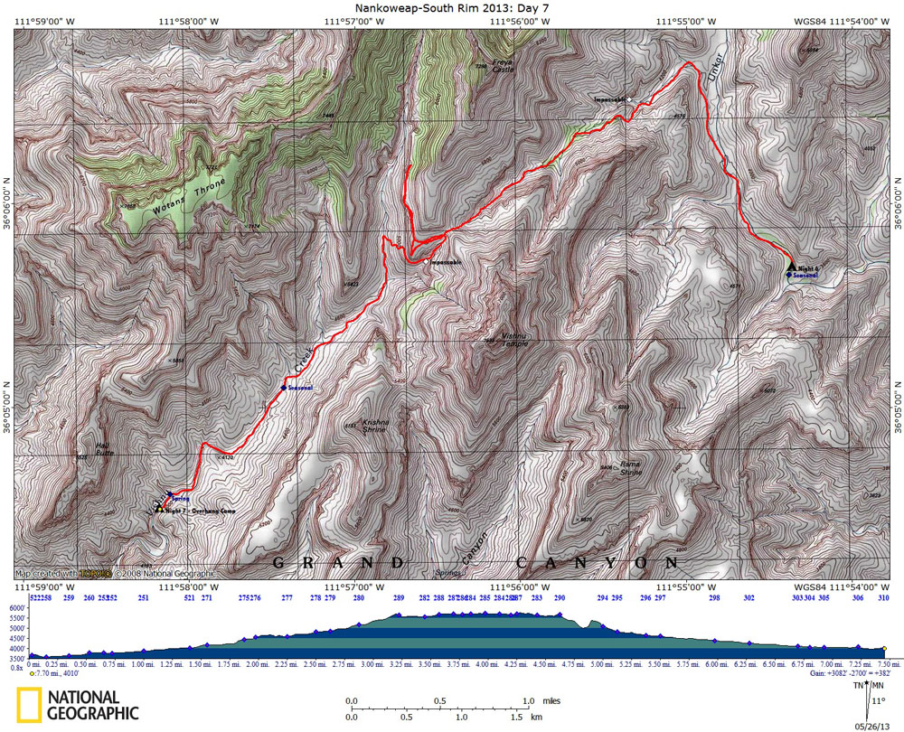 Map of Day 7 of The Nankoweap-South Rim Route with Elevation Profile