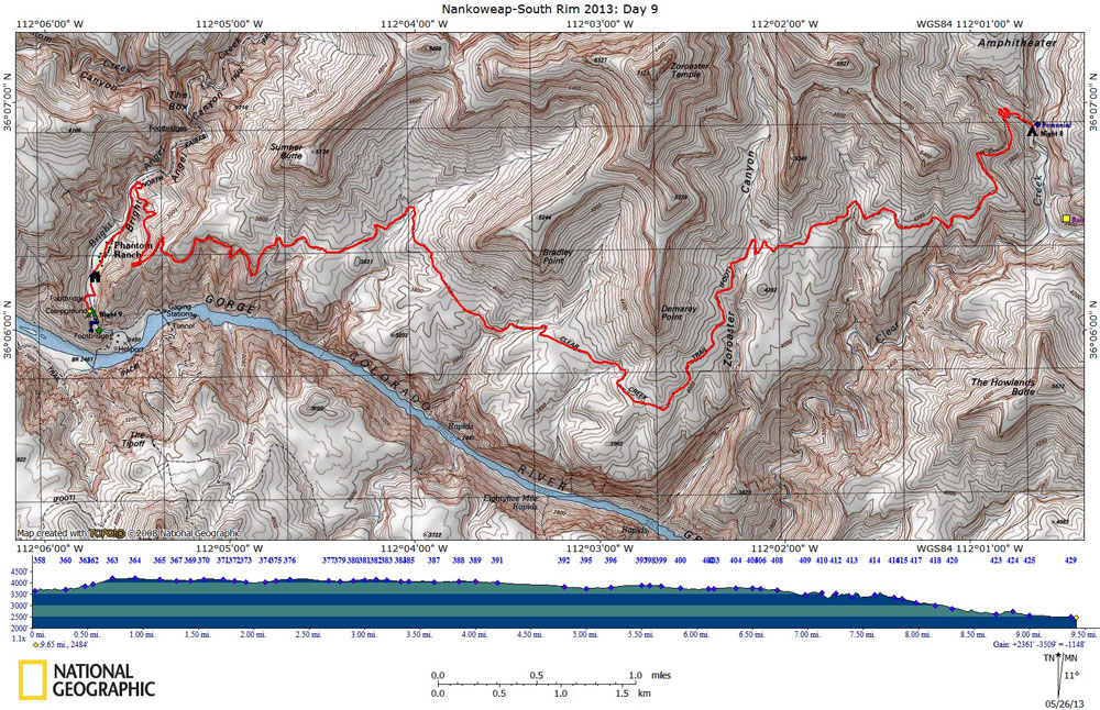 Map of Day 9 of The Nankoweap-South Rim Route with Elevation Profile